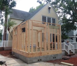 Room addition framing Exposed timber wall framing for a room addition